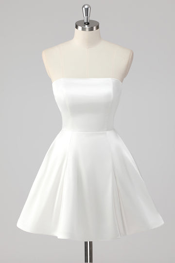 Satin White A-Line Strapless Little White Graduation Dress